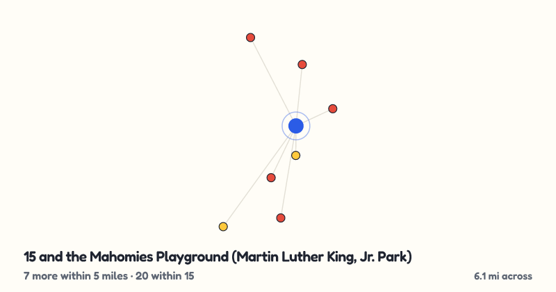 Map of 15 and the Mahomies Playground (Martin Luther King, Jr. Park) and the 20 other playgrounds within 15 miles