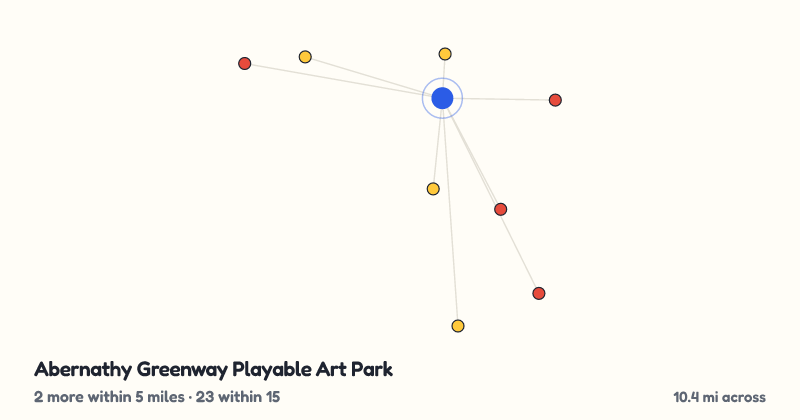Map of Abernathy Greenway Playable Art Park and the 23 other playgrounds within 15 miles