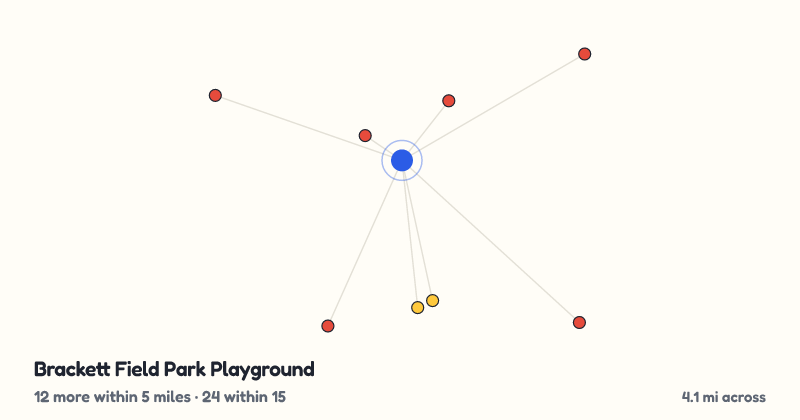 Map of Brackett Field Park Playground and the 24 other playgrounds within 15 miles