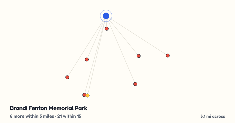 Map of Brandi Fenton Memorial Park and the 21 other playgrounds within 15 miles