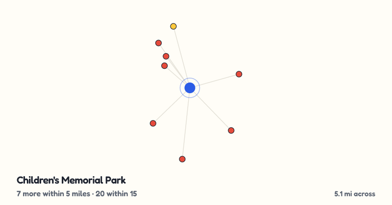 Map of Children's Memorial Park and the 20 other playgrounds within 15 miles