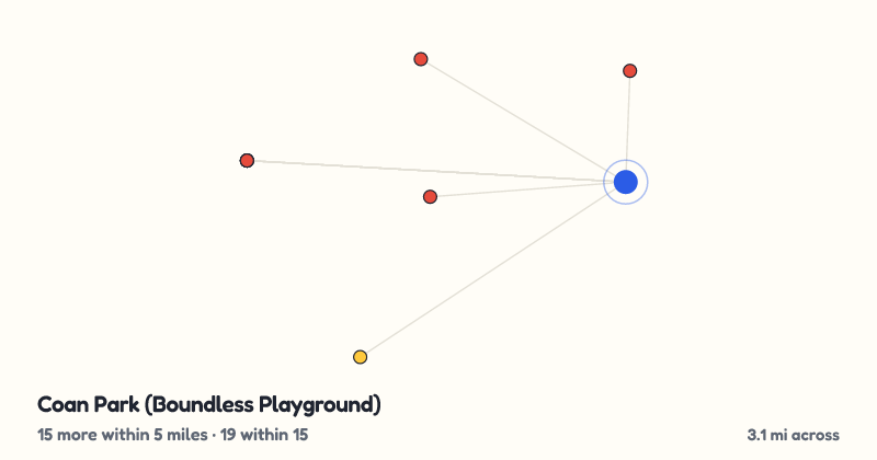 Map of Coan Park (Boundless Playground) and the 19 other playgrounds within 15 miles
