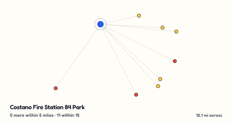 Map of Costano Fire Station 84 Park and the 11 other playgrounds within 15 miles