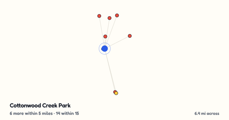 Map of Cottonwood Creek Park and the 14 other playgrounds within 15 miles