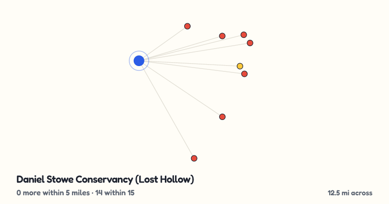 Map of Daniel Stowe Conservancy (Lost Hollow) and the 14 other playgrounds within 15 miles