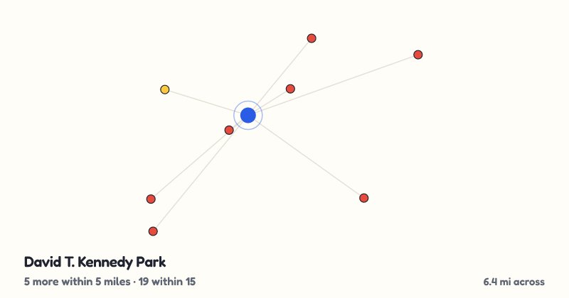 Map of David T. Kennedy Park and the 19 other playgrounds within 15 miles