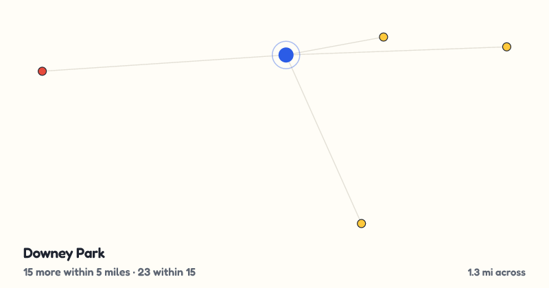 Map of Downey Park and the 23 other playgrounds within 15 miles