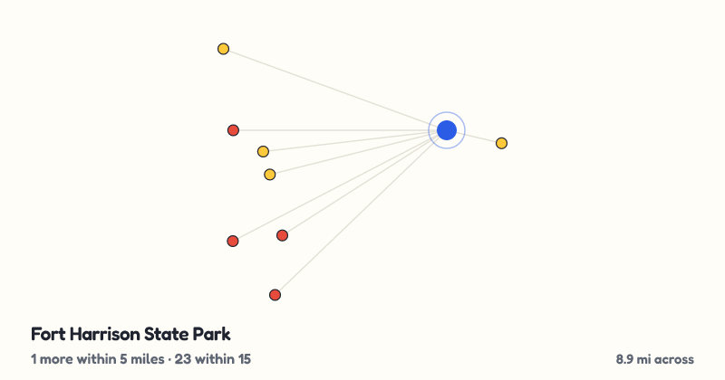 Map of Fort Harrison State Park and the 23 other playgrounds within 15 miles