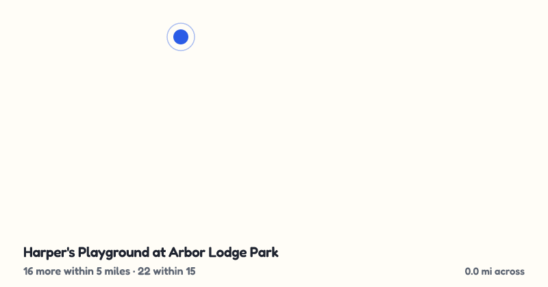 Map of Harper's Playground at Arbor Lodge Park and the 22 other playgrounds within 15 miles