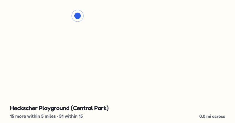 Map of Heckscher Playground (Central Park) and the 31 other playgrounds within 15 miles