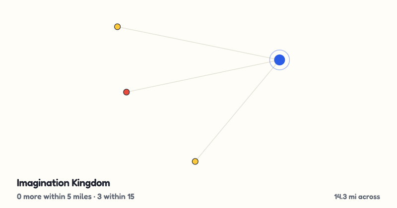 Map of Imagination Kingdom and the 3 other playgrounds within 15 miles