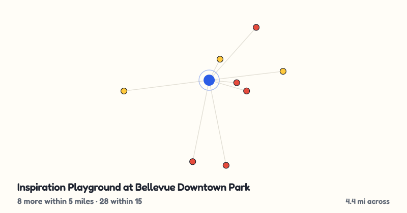 Map of Inspiration Playground at Bellevue Downtown Park and the 28 other playgrounds within 15 miles