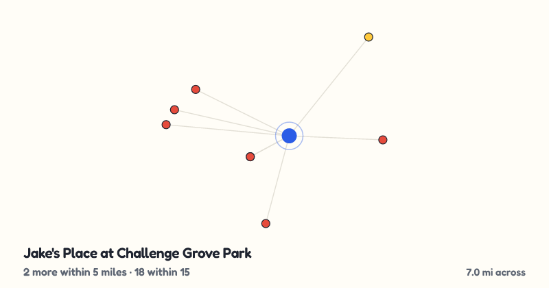 Map of Jake's Place at Challenge Grove Park and the 18 other playgrounds within 15 miles
