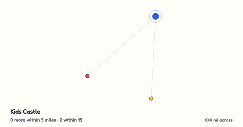 Map of Kids Castle and the 2 other playgrounds within 15 miles