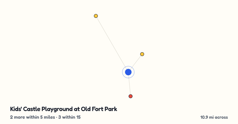 Map of Kids' Castle Playground at Old Fort Park and the 3 other playgrounds within 15 miles