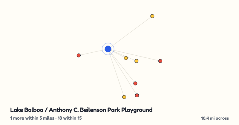 Map of Lake Balboa / Anthony C. Beilenson Park Playground and the 18 other playgrounds within 15 miles