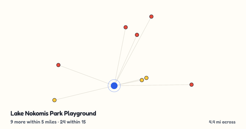 Map of Lake Nokomis Park Playground and the 24 other playgrounds within 15 miles