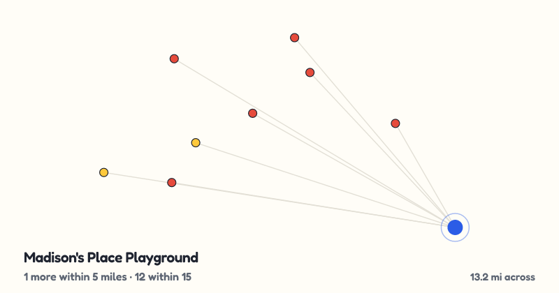 Map of Madison's Place Playground and the 12 other playgrounds within 15 miles