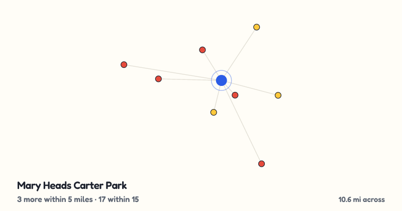 Map of Mary Heads Carter Park and the 17 other playgrounds within 15 miles