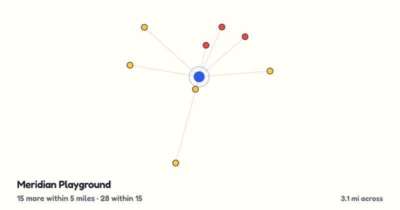 Map of Meridian Playground and the 28 other playgrounds within 15 miles