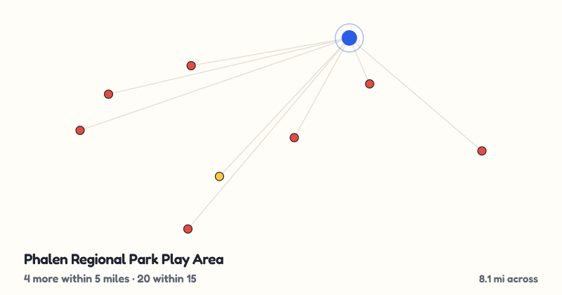 Map of Phalen Regional Park Play Area and the 20 other playgrounds within 15 miles