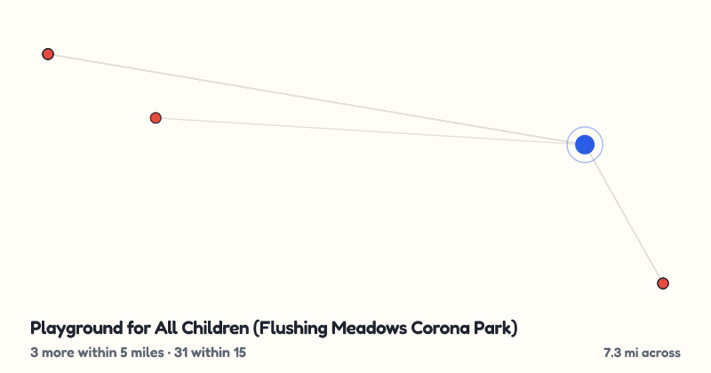 Map of Playground for All Children (Flushing Meadows Corona Park) and the 31 other playgrounds within 15 miles
