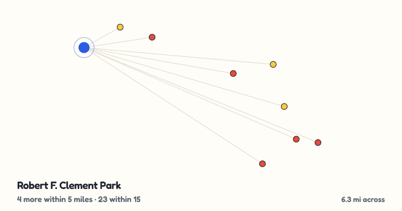 Map of Robert F. Clement Park and the 23 other playgrounds within 15 miles