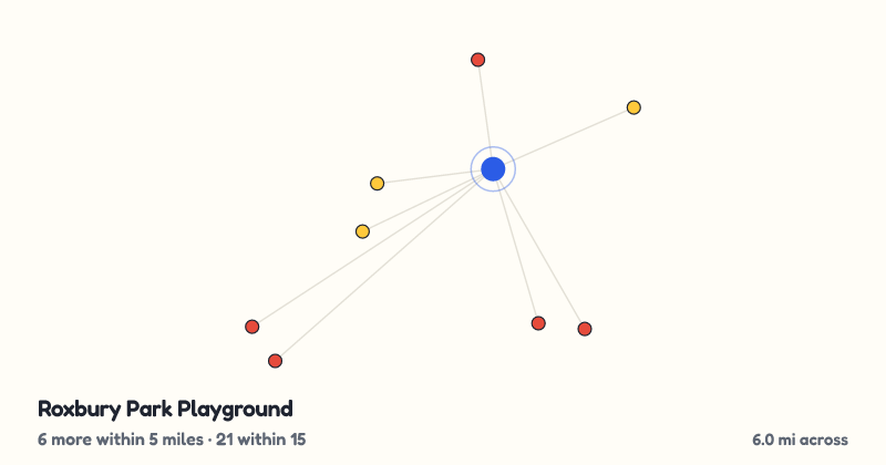Map of Roxbury Park Playground and the 21 other playgrounds within 15 miles
