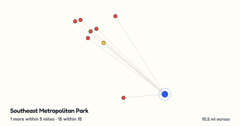 Map of Southeast Metropolitan Park and the 15 other playgrounds within 15 miles
