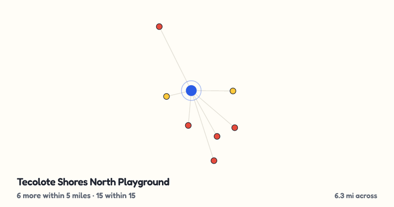 Map of Tecolote Shores North Playground and the 15 other playgrounds within 15 miles