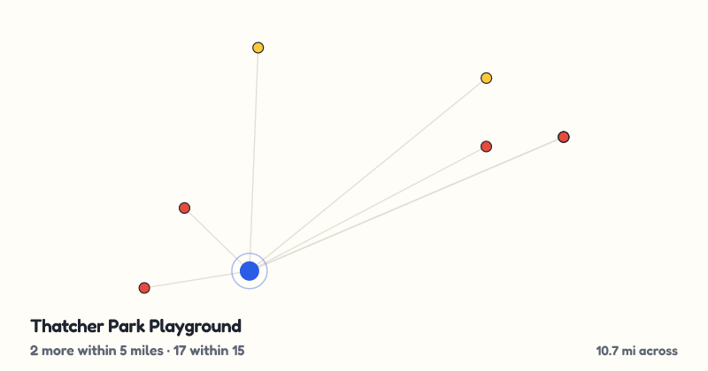 Map of Thatcher Park Playground and the 17 other playgrounds within 15 miles