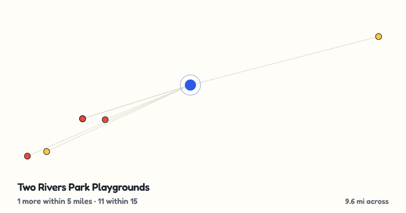 Map of Two Rivers Park Playgrounds and the 11 other playgrounds within 15 miles