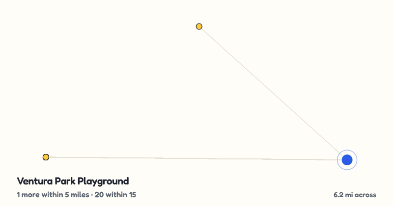 Map of Ventura Park Playground and the 20 other playgrounds within 15 miles